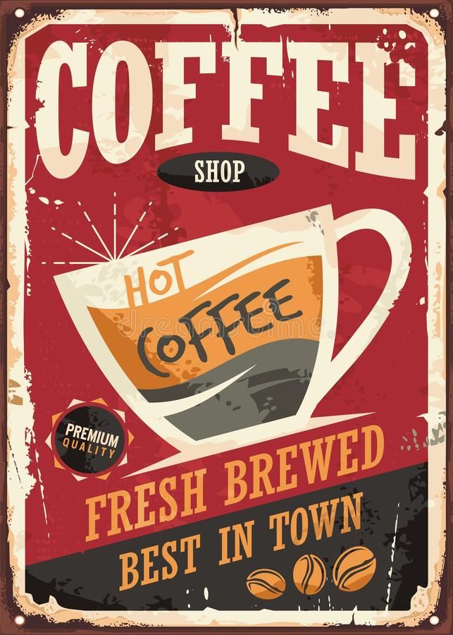 Vintage-style coffee shop sign with a cup of hot coffee on a red background.
