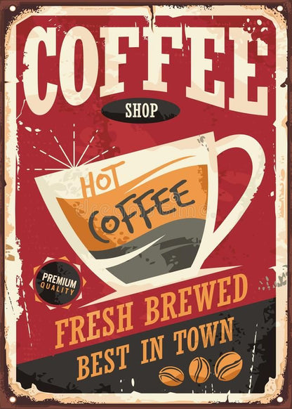 Vintage-style coffee shop sign with a cup of hot coffee on a red background.