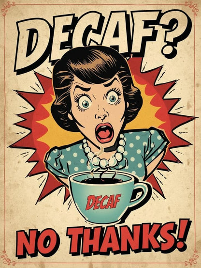 Vintage-style poster with a woman拒绝decaf coffee