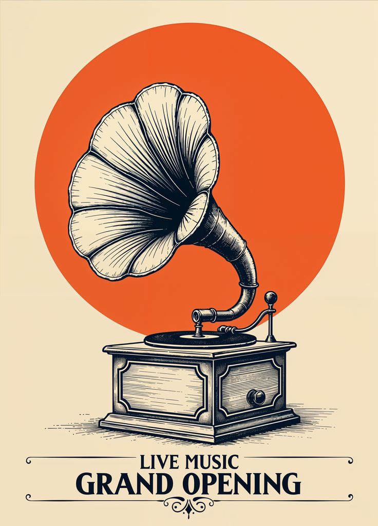 Illustration of a vintage gramophone with a red circle in the background, used for a live music grand opening event.