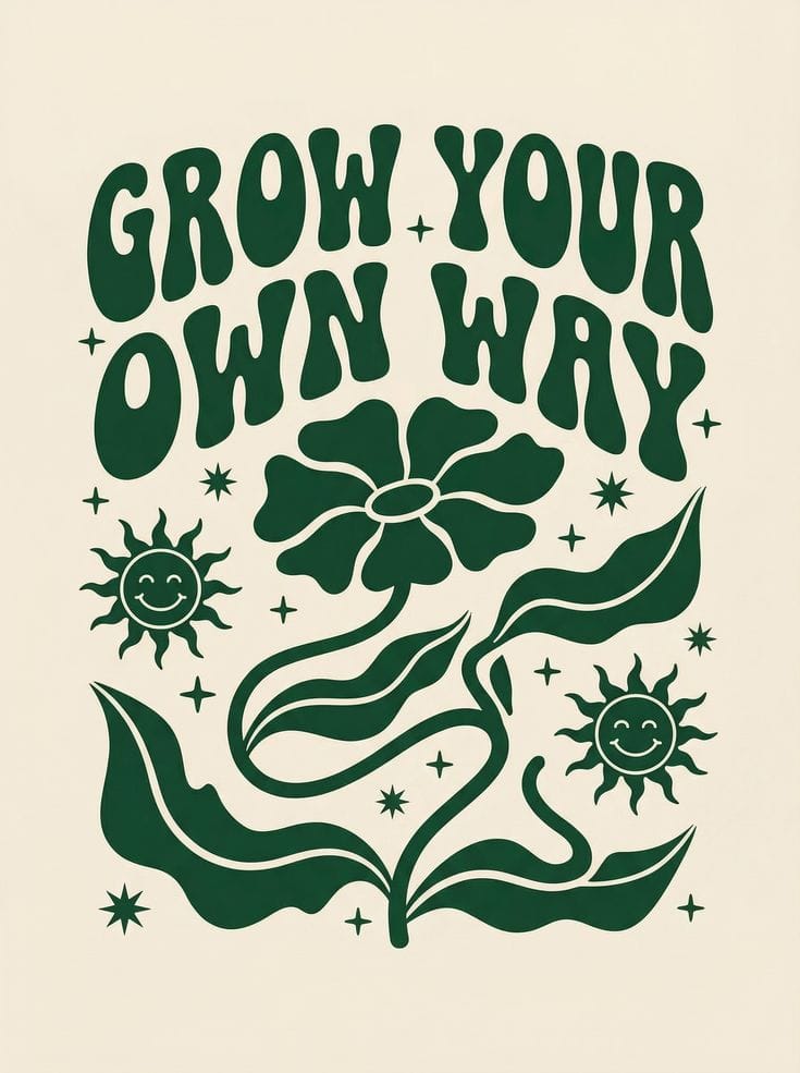 Green floral design with 'Grow Your Own Way' text on a beige background