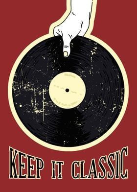 Hand holding a vinyl record with 'Keep it Classic' text on a red background