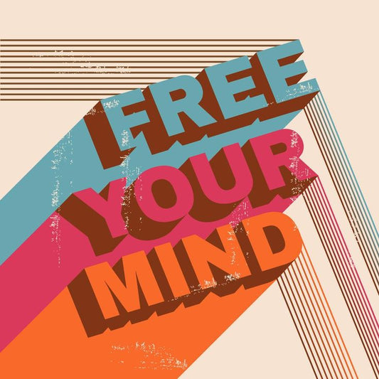 Colorful poster with 'Free Your Mind' text on a beige background