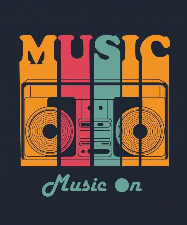 Colorful 'Music On' design with a boombox silhouette on a black background