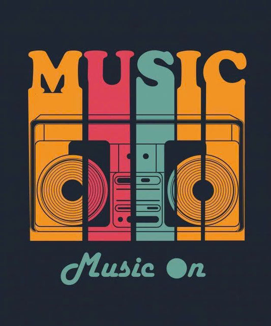 Colorful 'Music On' design with a boombox silhouette on a black background