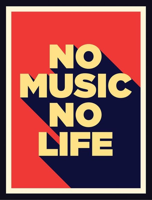 Poster with 'No Music No Life' text on a red and blue background