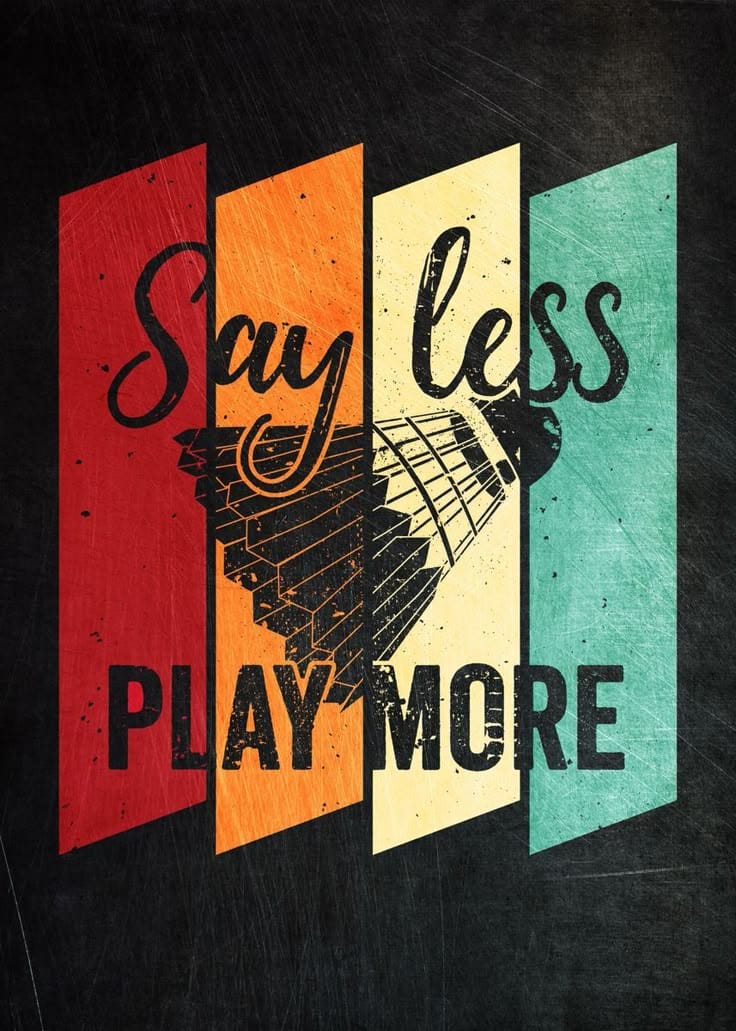 Colorful poster with guitar silhouette and text 'Say less, Play more' on a dark background