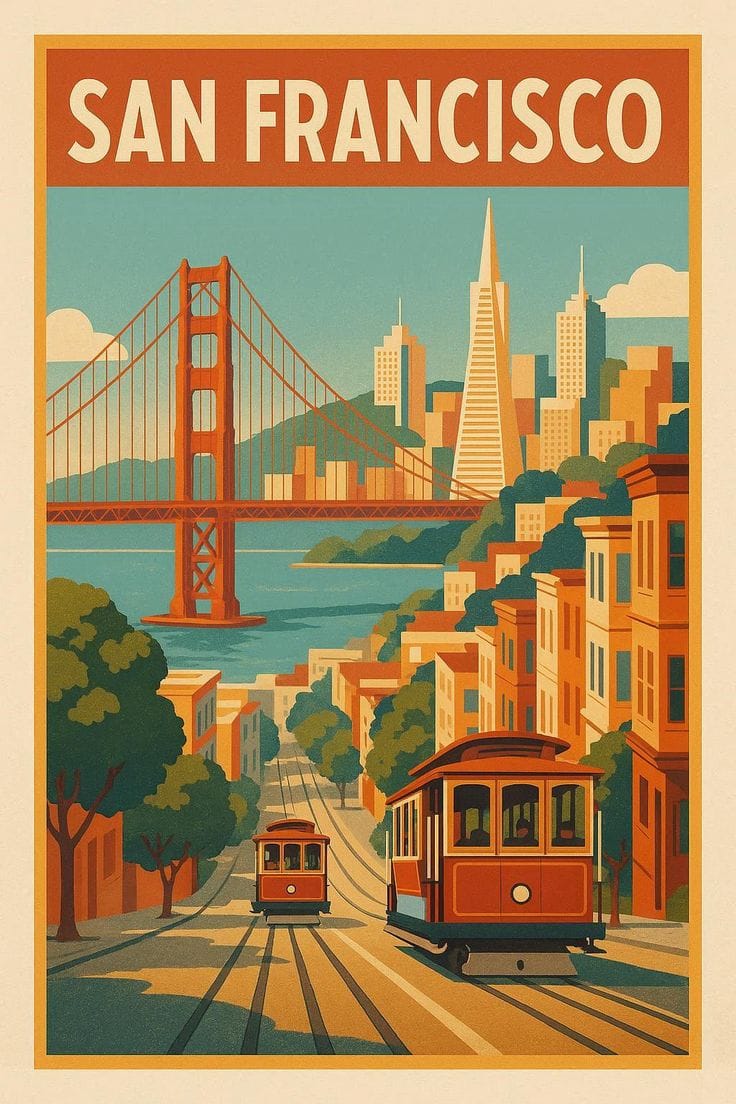 Vintage-style poster of San Francisco with the Golden Gate Bridge and cable cars.