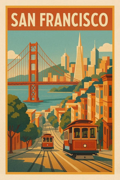Vintage-style poster of San Francisco with the Golden Gate Bridge and cable cars.