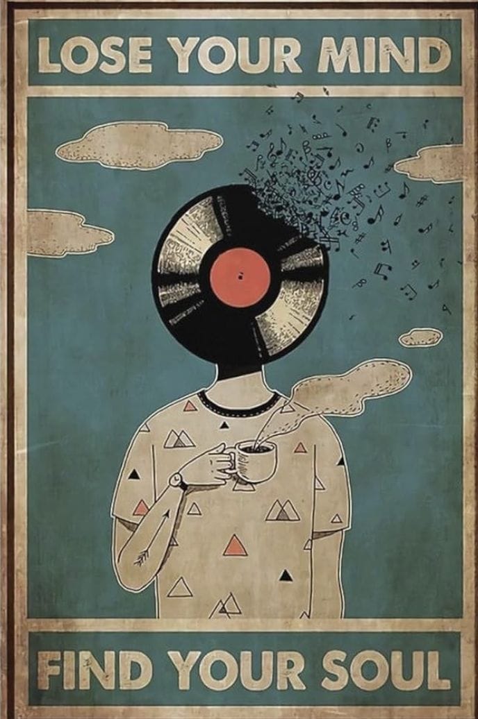 Illustration of a person with a vinyl record for a head, blowing smoke rings with text 'Lose Your Mind, Find Your Soul' on a blue background.