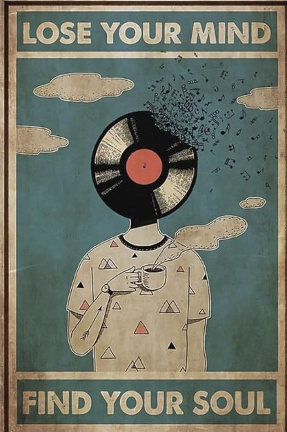 Illustration of a person with a vinyl record for a head, blowing smoke rings with text 'Lose Your Mind, Find Your Soul' on a blue background.