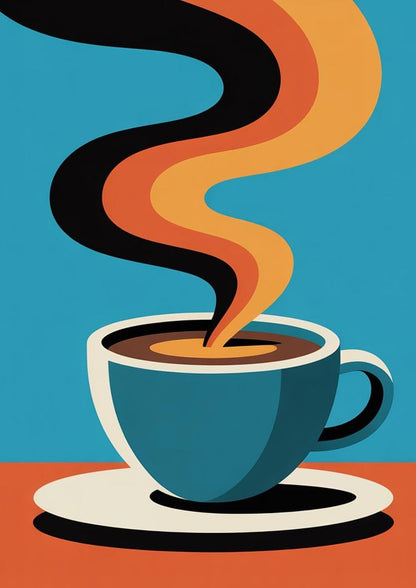Illustration of a steaming coffee cup with colorful smoke on a blue background