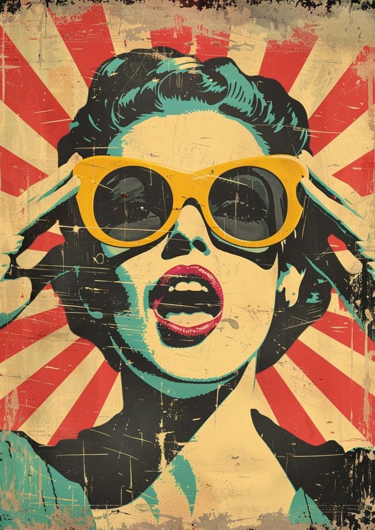 Artistic depiction of a woman wearing sunglasses with a vintage, distressed background.