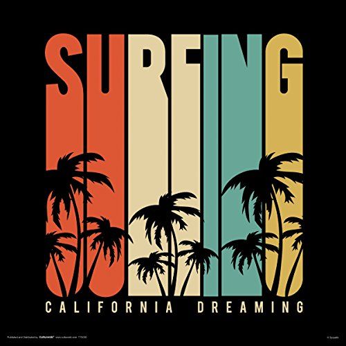 Vintage-style 'Surfing California Dreaming' graphic with palm trees and color blocks on a black background.