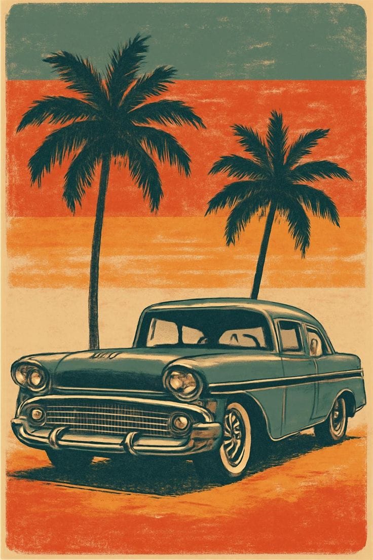 Vintage car with palm trees against a sunset sky