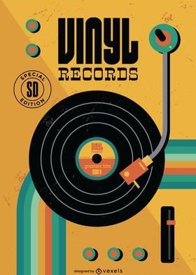 Vinyl record design with a turntable on a yellow background