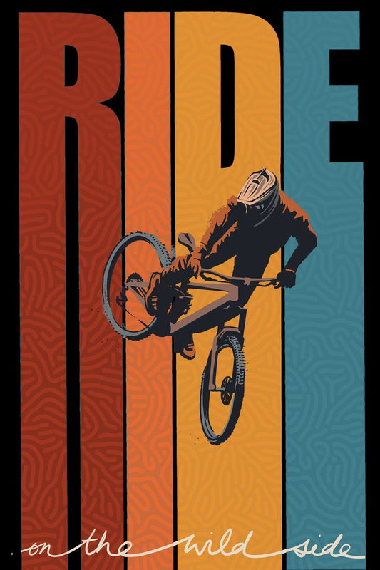Poster with a silhouette of a person on a bike against a striped background with 'RIDE' and 'on the wild side' text.
