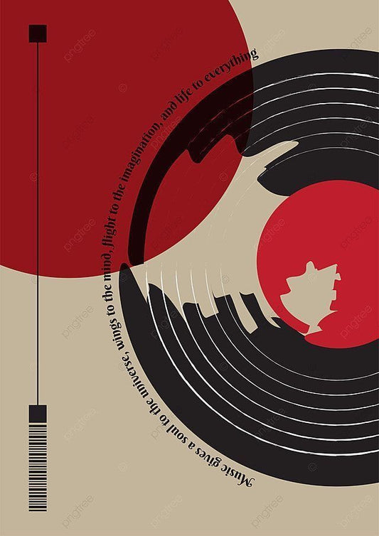 Album cover with vinyl record design, red and beige background