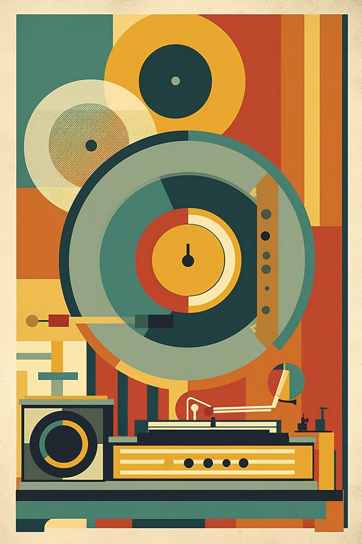 Colorful illustration of a record player and records on a geometric patterned background