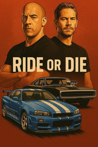 Two men standing behind two cars with 'Ride or Die' text on a red background