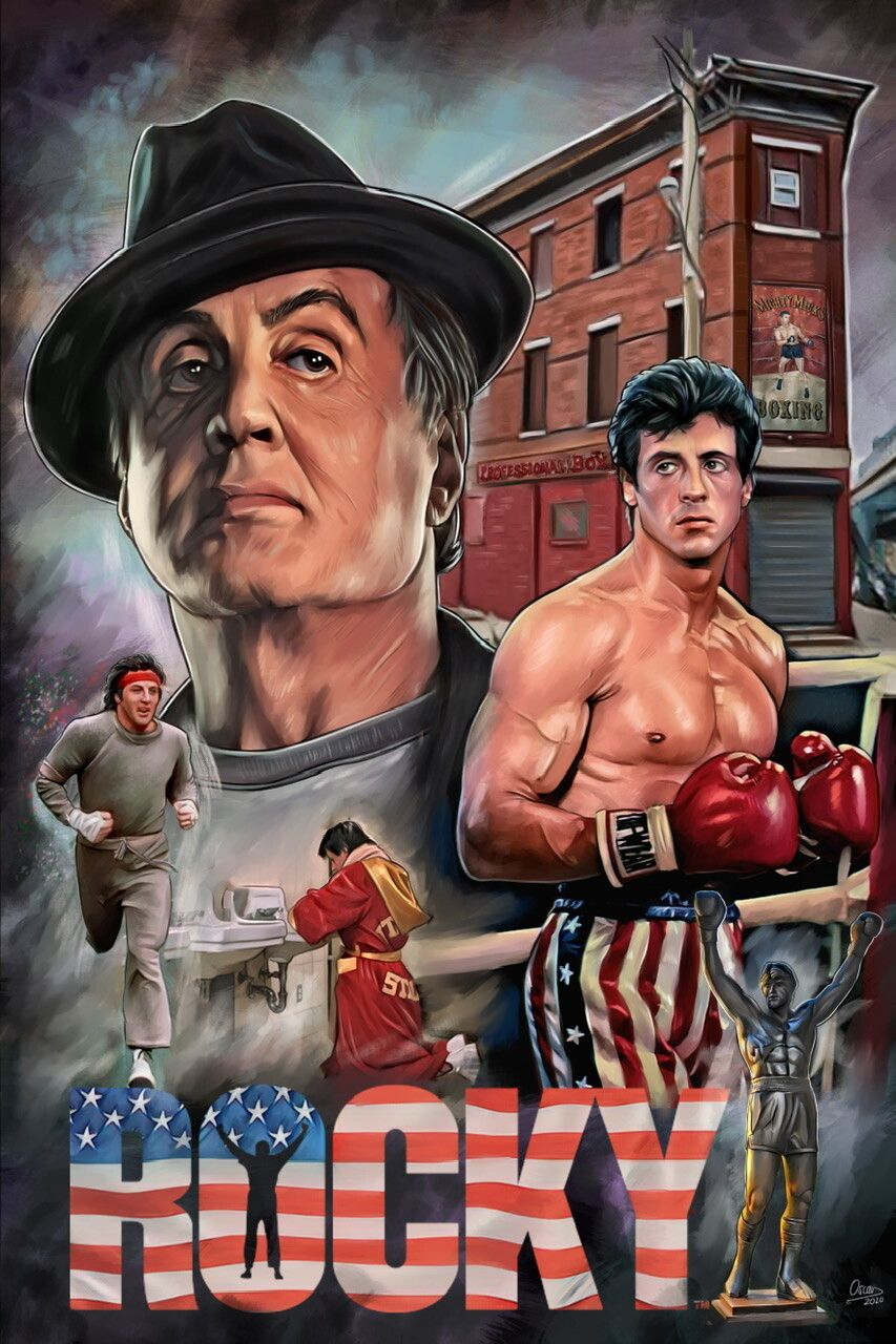 Illustration of Rocky Balboa with iconic scenes from the movie, featuring a hat, boxing gloves, and a building.