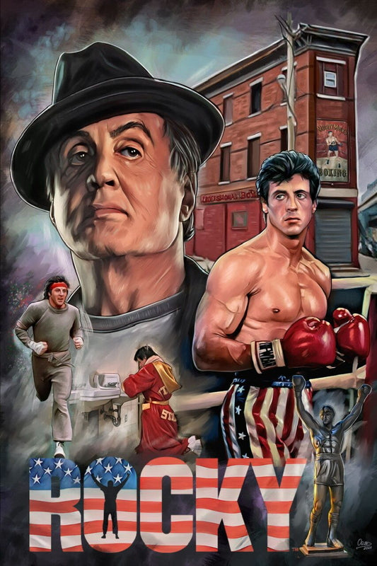 Illustration of Rocky Balboa with iconic scenes from the movie, featuring a hat, boxing gloves, and a building.
