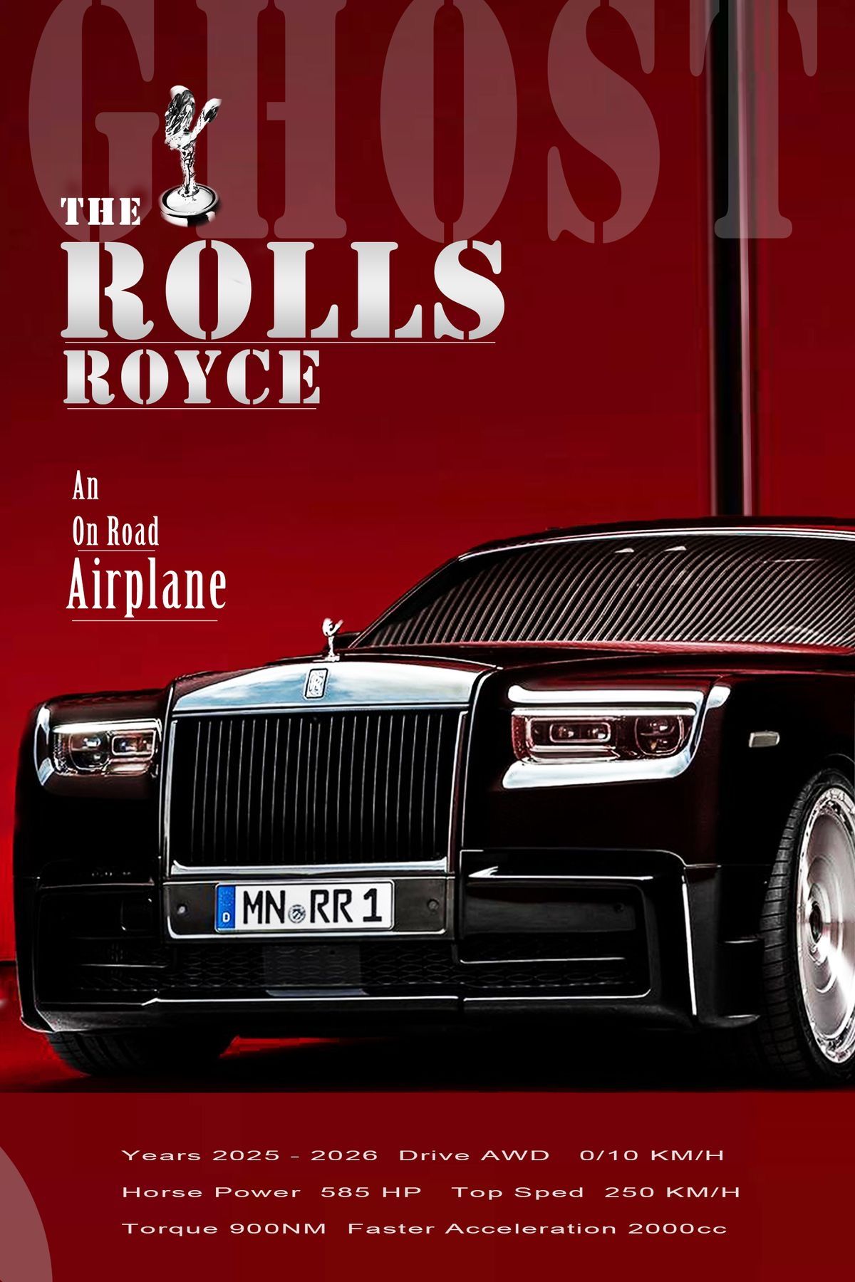 Rolls Royce car on a red background with text describing it as 'An On Road Airplane'.