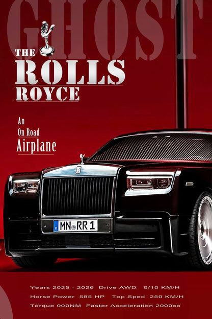 Rolls Royce car on a red background with text describing it as 'An On Road Airplane'.