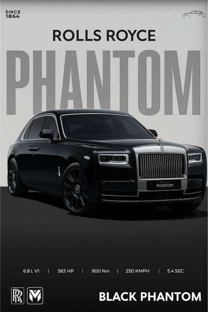 Rolls Royce Phantom black car on a gray background with branding and specifications.