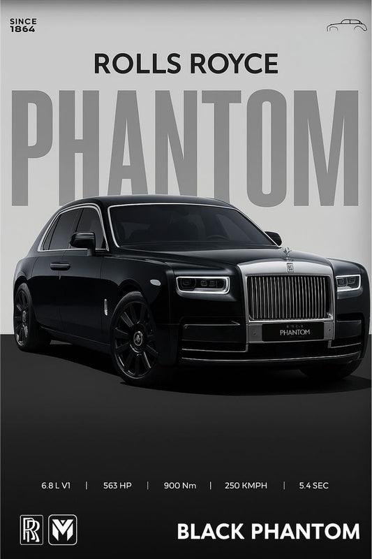 Rolls Royce Phantom black car on a gray background with branding and specifications.