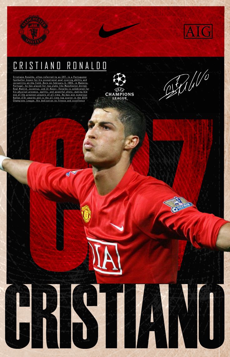 Poster of a soccer player in a red jersey with visible branding and text.