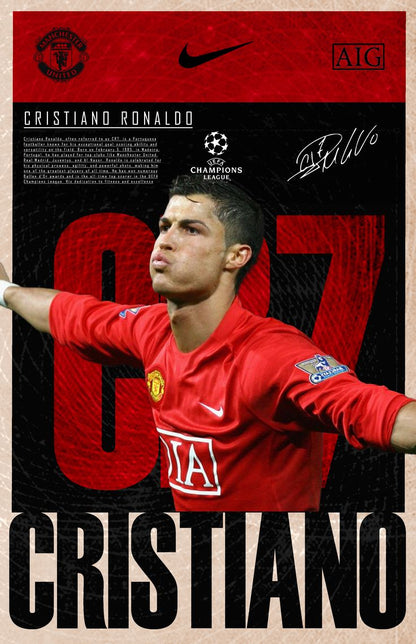 Poster of a soccer player in a red jersey with visible branding and text.