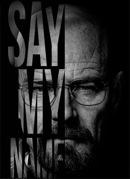 Black and white portrait of a person with text overlay 'SAY MY NAME' on a dark background