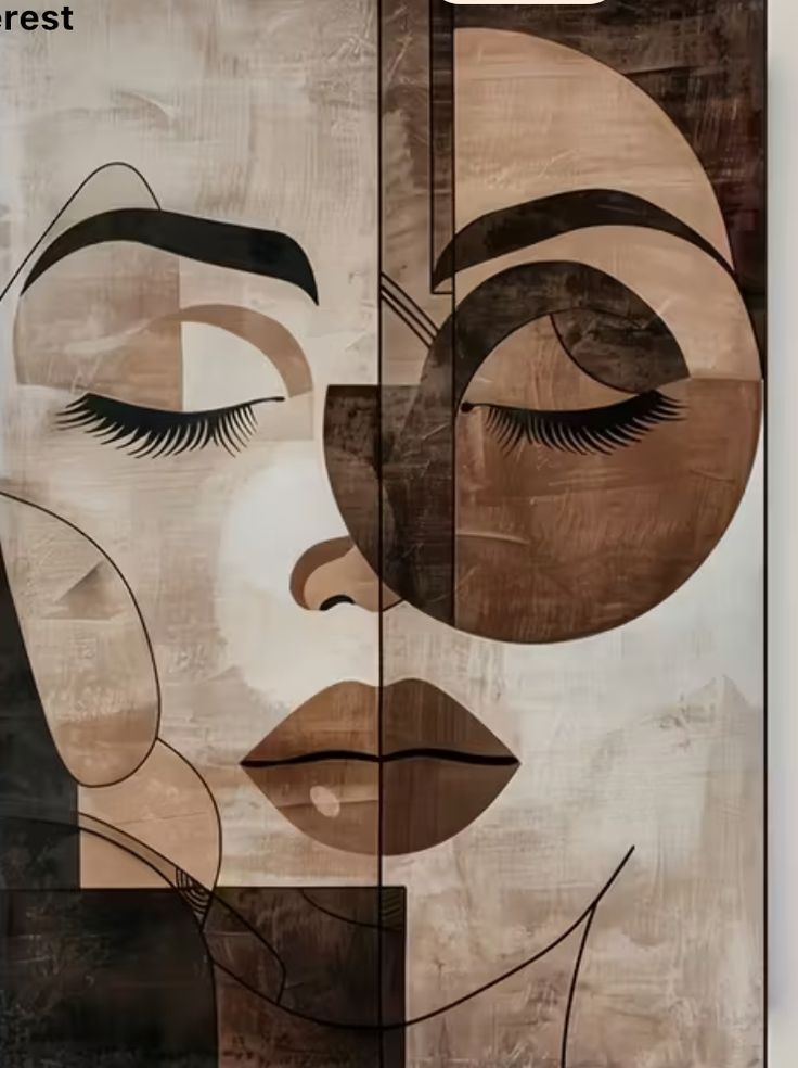 Abstract art piece with geometric shapes resembling a face on a textured background