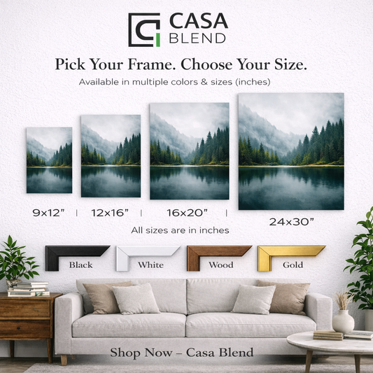 Casa Blend wall art size guide with framed images of a lake and sofa in a living room.