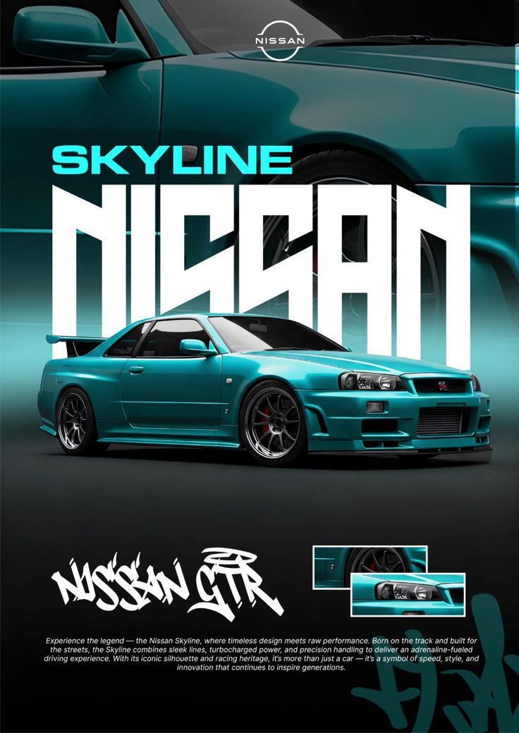 Teal Nissan Skyline car with 'Nissan' branding on a dark background