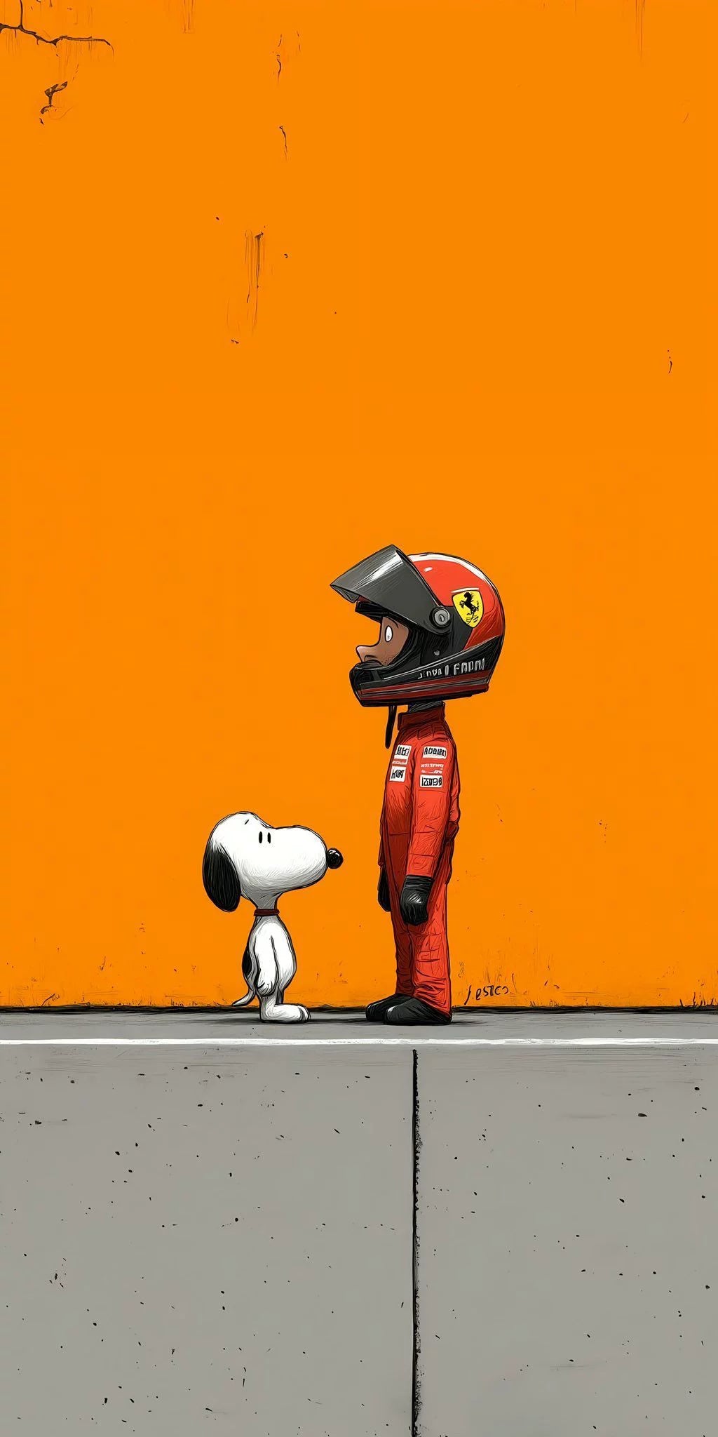 Illustration of a person in a racing suit and helmet with a dog on an orange background