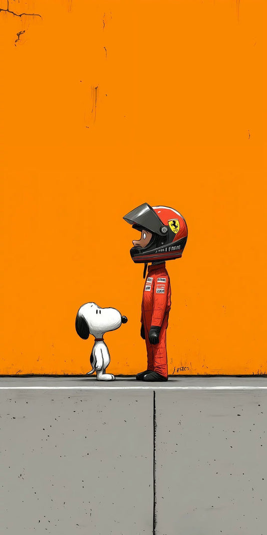 Illustration of a person in a racing suit and helmet with a dog on an orange background