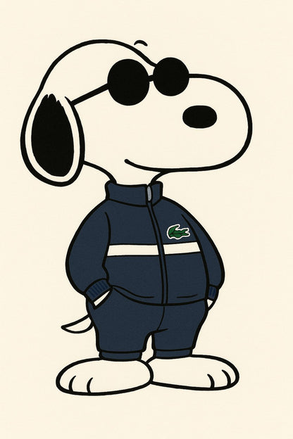 Cartoon dog character wearing sunglasses and a Lacoste tracksuit on a beige background
