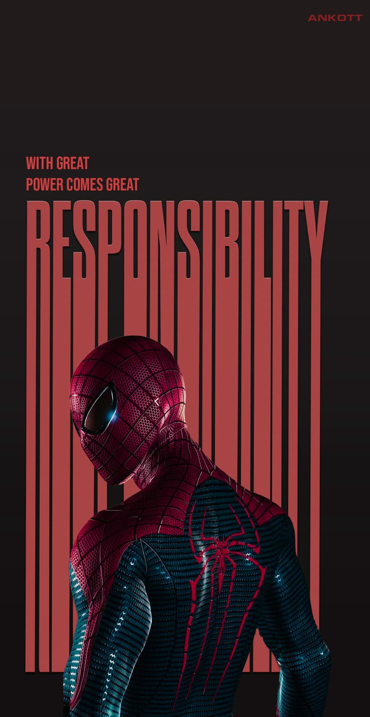 Spider-Man in a red and blue suit with text 'With great power comes great responsibility' on a dark background.