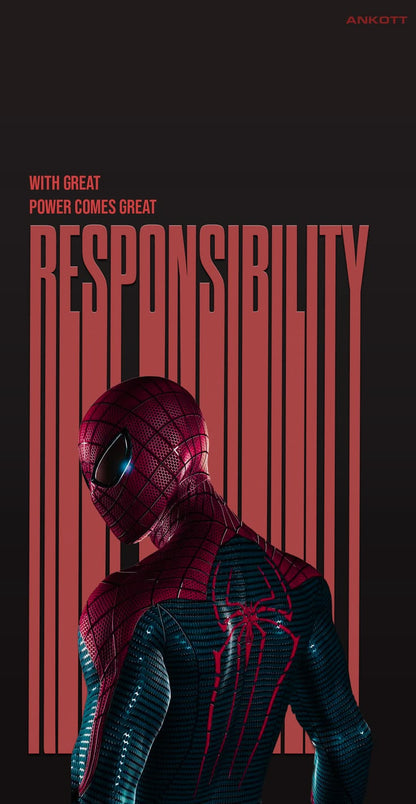 Spider-Man in a red and blue suit with text 'With great power comes great responsibility' on a dark background.
