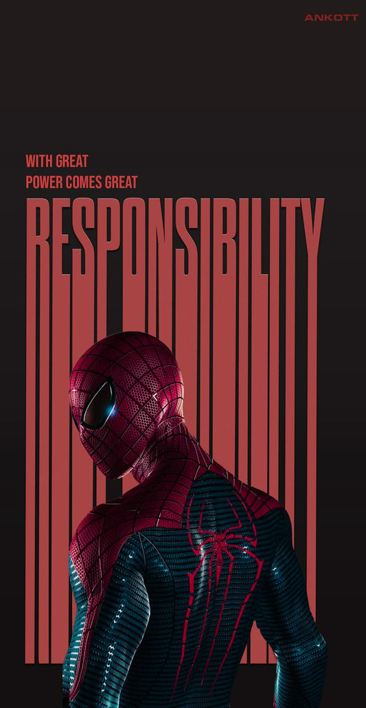Spider-Man in a red and blue suit with text 'With great power comes great responsibility' on a dark background.