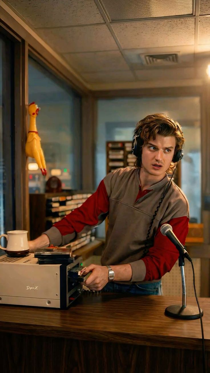 Person wearing headphones in a radio studio with equipment and decor.
