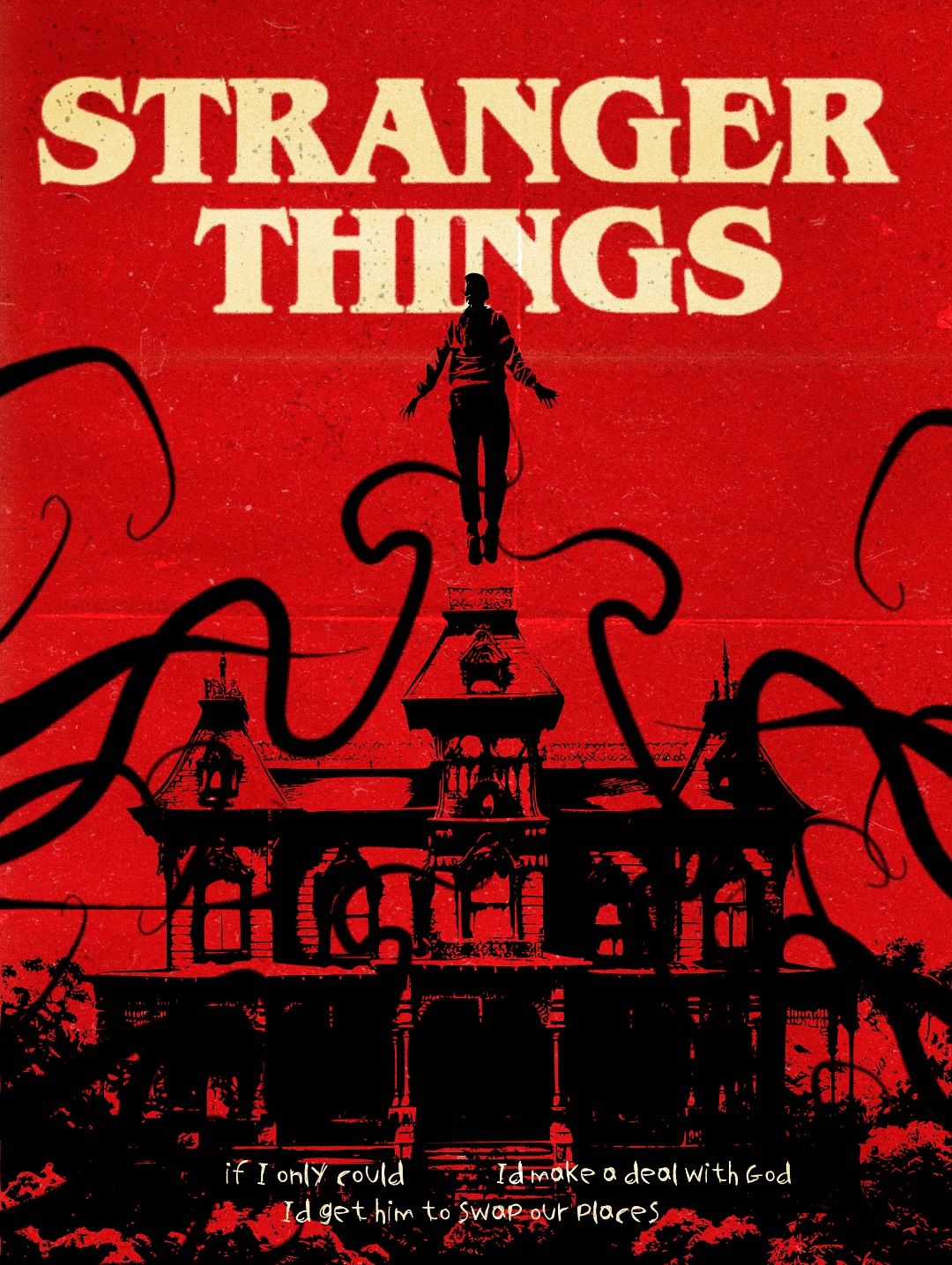 Promotional poster for 'Stranger Things' with a red background and silhouette of a person on a tower.