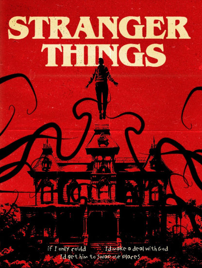 Promotional poster for 'Stranger Things' with a red background and silhouette of a person on a tower.
