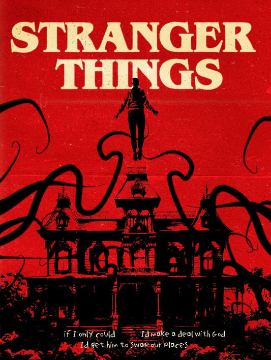 Promotional poster for 'Stranger Things' with a red background and silhouette of a person on a tower.