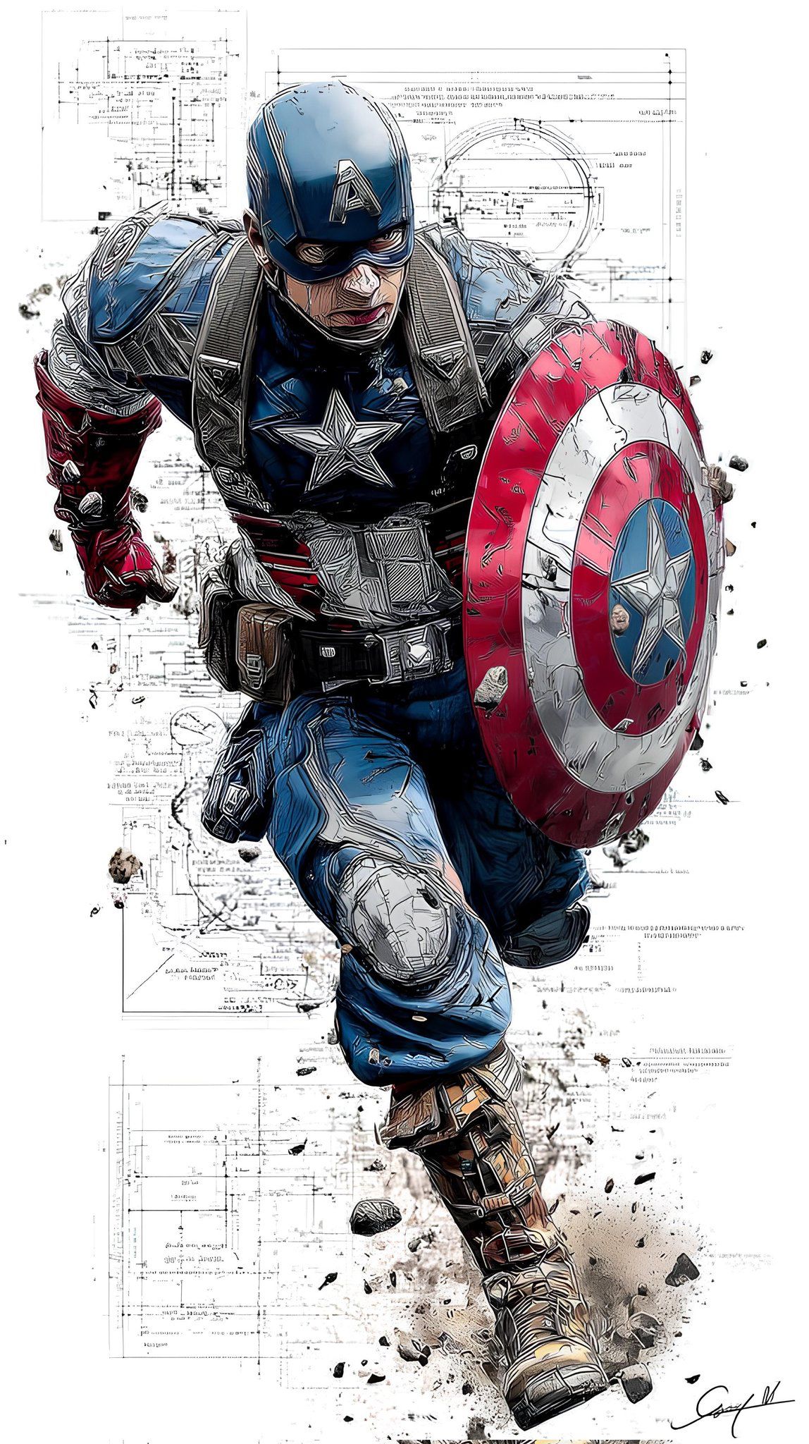 Superhero character in action pose with shield on a white background