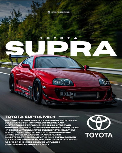 Red Toyota Supra on a racetrack with text about the car's features.