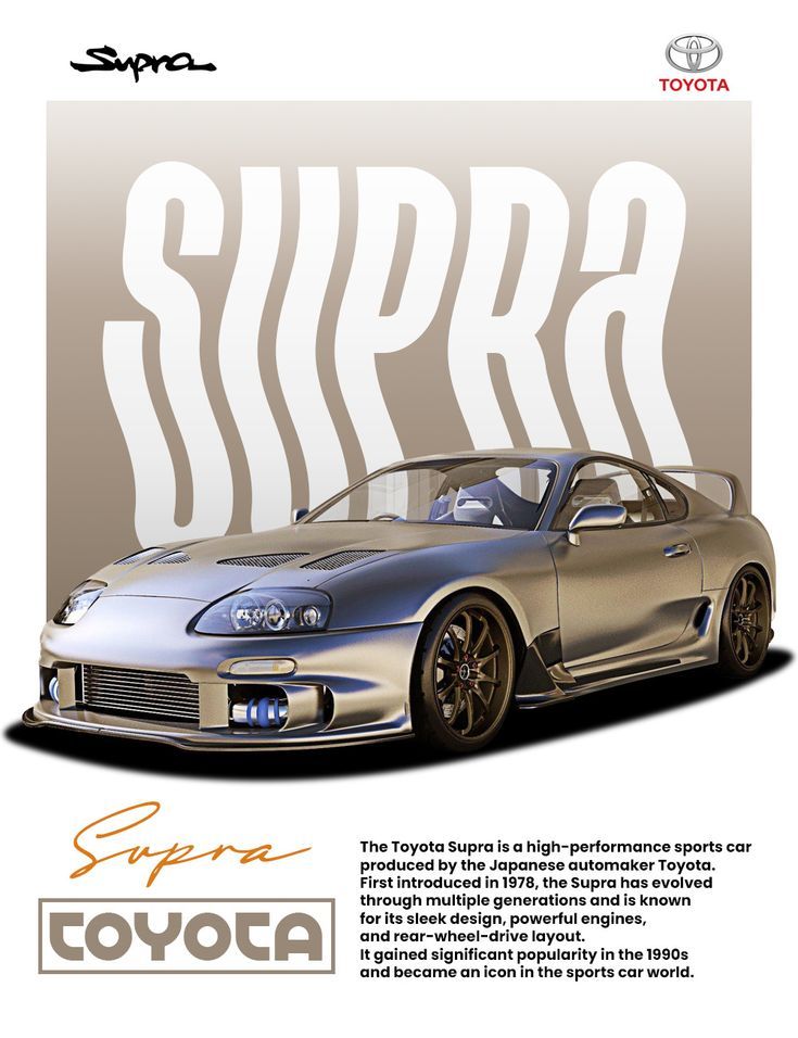 Toyota Supra car with branding and text on a beige background
