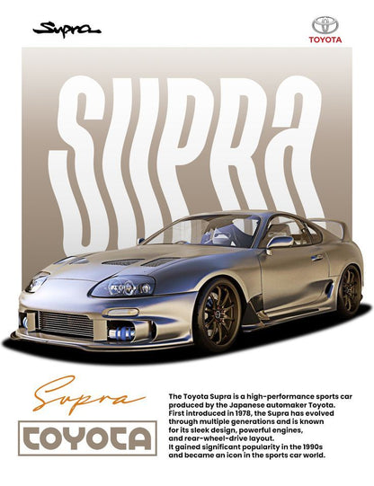 Toyota Supra car with branding and text on a beige background